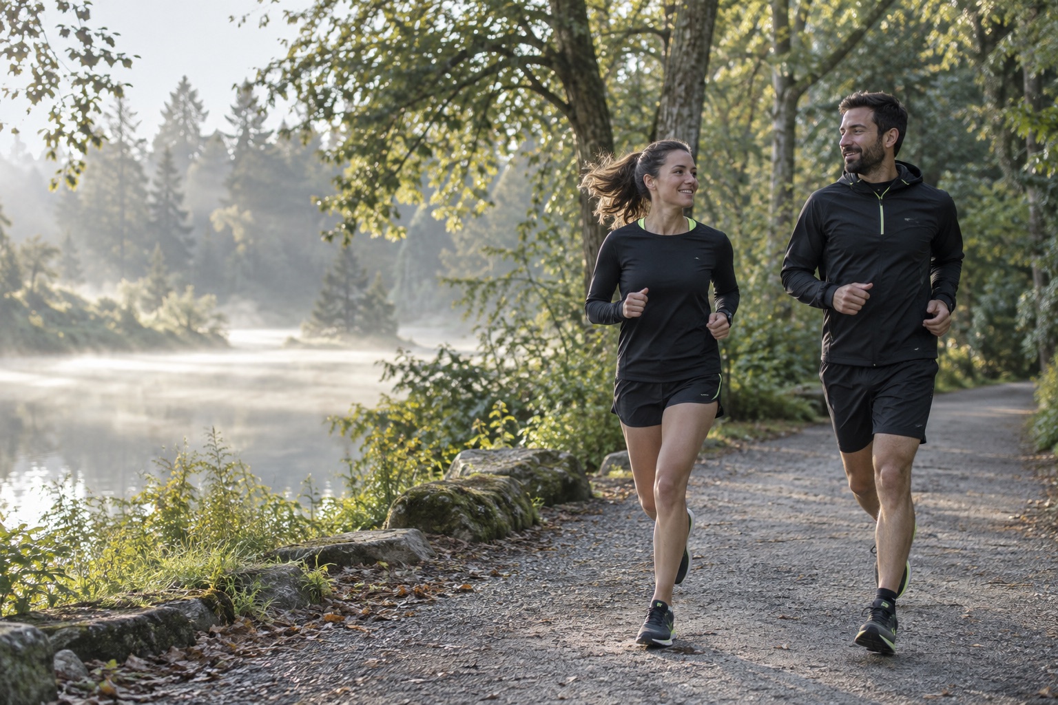 Two runners jogging together along a sunlit park path